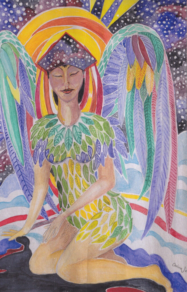 Målning av Carina. Motivet föreställer en änglalik kvinna sittandes. Sydamerikanska influenser.